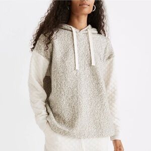 Madewell Oversized Pullover Quilted Sleeve Hoodie Sweatshirt SZ S Grey Cream